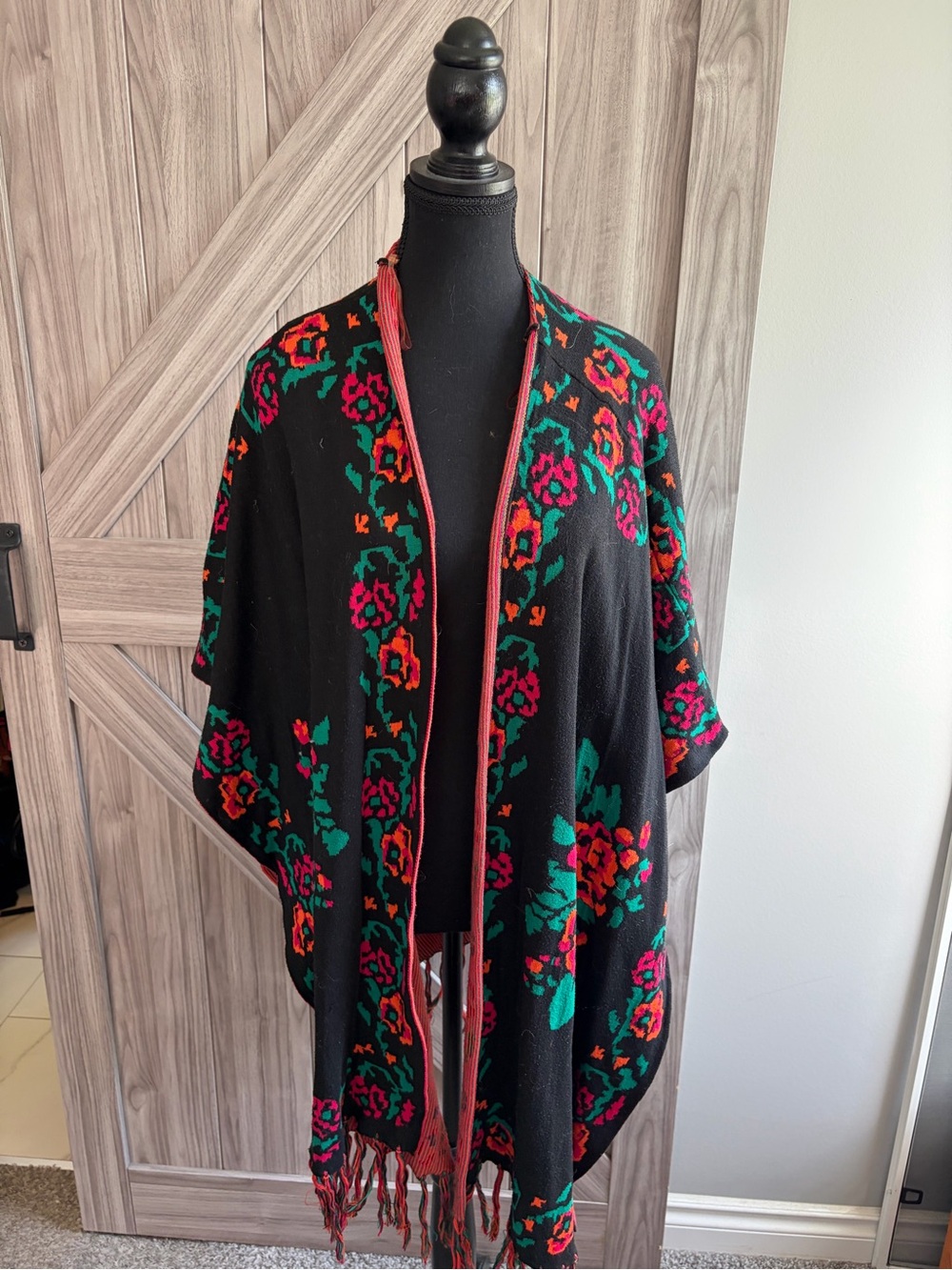 Flying Tomato Black Floral Knit Poncho with Red & Green Accents